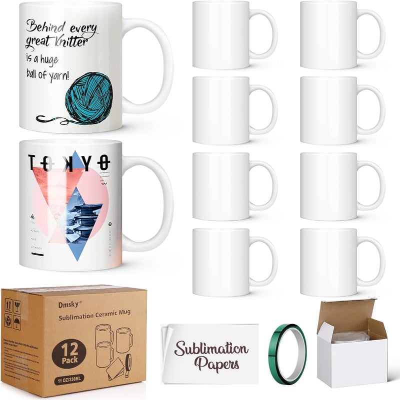 Dmsky Sublimation Coffee Mugs Tazas Para Sublimar 11 oz Blank Bulk Coffee Mug White Ceramic Photo Cups With Box, Heat Tape, sublimation paper Ideal for Crafts Printing Set of 12 - Image 1